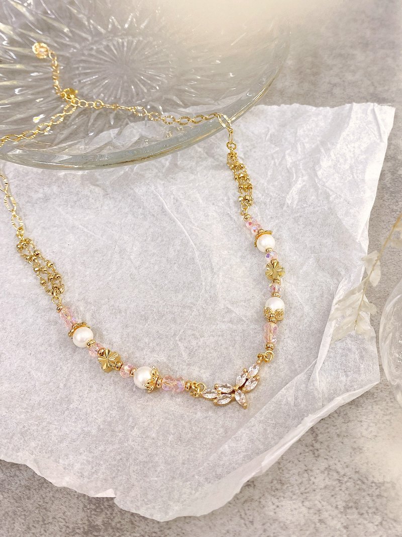 甜美練習生。MUCHAT手作14KGP鋯石葉花片水晶珠項鍊 - 項鍊 - 其他金屬 粉紅色