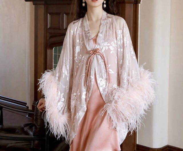 インナー・ルームウェアその他 Oseree Feather silk dressing gown New Chinese style morning robe ostrich feather silk pajamas