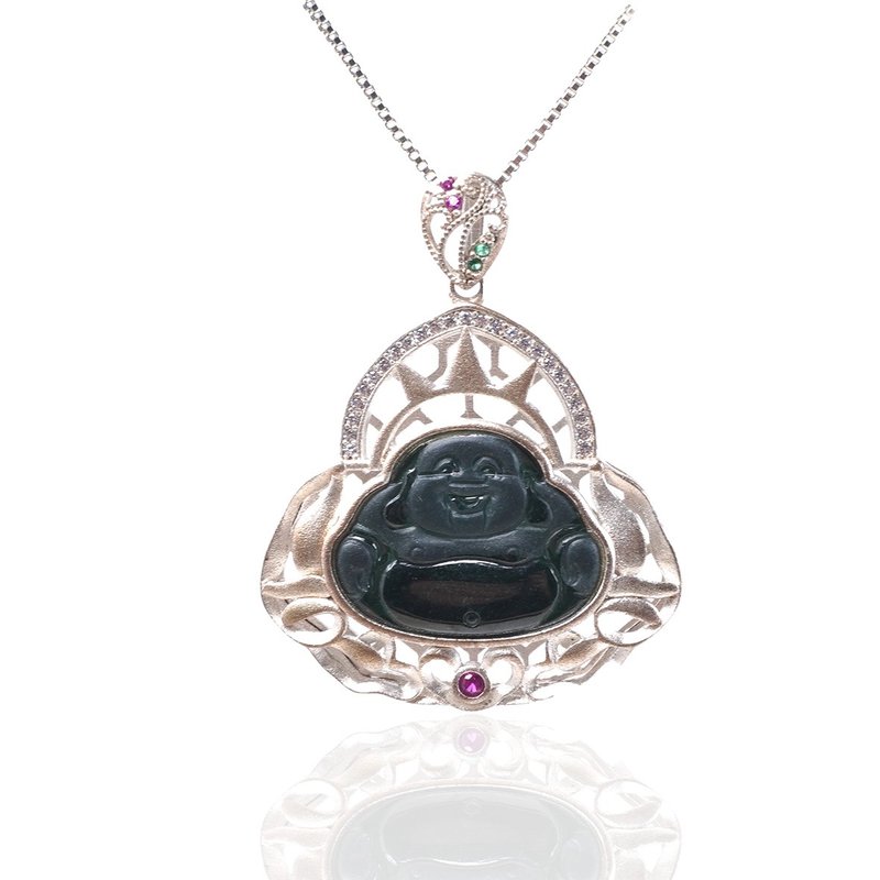 Ink jade Maitreya Buddha necklace 925 sterling silver | Natural Burmese jade A grade | Gift giving - สร้อยคอ - หยก สีดำ