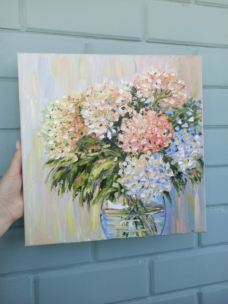 Flower oil painting original art hydrangea artwork by Anna Antonova - 壁貼/牆壁裝飾 - 棉．麻 粉紅色