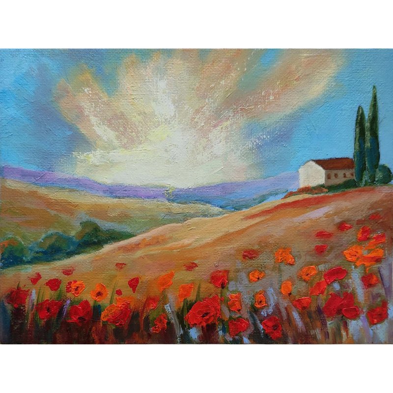 Tuscany Landscape Original Painting, Poppies Flowers Art, Field, 手工油畫 油畫原作 - 海報/掛畫/掛布 - 其他材質 多色