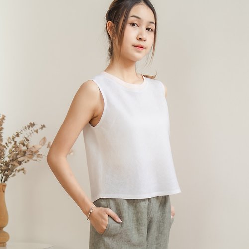 Candith Natural Linen Sleeveless Top Minimal Top Simple Top - Pink Body White Neckline