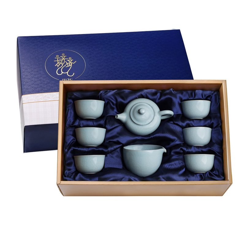 Celadon Ru kiln (Tixiang pot + male cup + 6-pin incense cup) 8-piece gift box - Teapots & Teacups - Pottery Blue