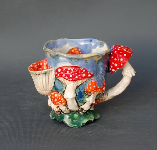 PorcelainShoppe 蘑菇杯茶杯帶口袋畫內杯彩色藝術杯