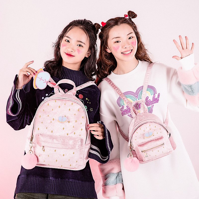 Original girl pink velvet shoulder backpack wild fresh student bag - Backpacks - Other Materials Pink