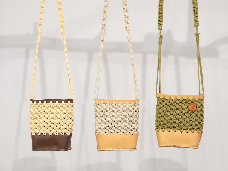純手作り織り×レザーサイドバックパック-DIY素材パッケージ/完成品 - トート・ハンドバッグ - コットン・麻 オレンジ