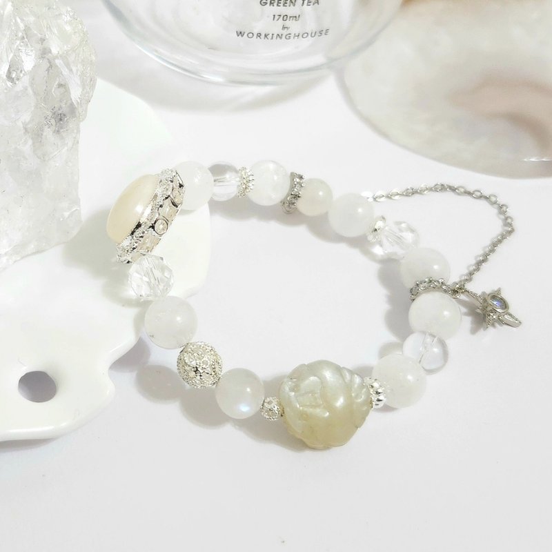 シルバーブルームーンストーン龍亀デザインブレスレット／心身のバランス、恋愛運アップの組み合わせクリスタル - ブレスレット - クリスタル ホワイト