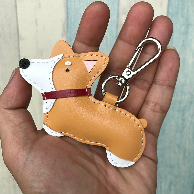25% off Light yellow Koki dog hand-stitched leather keychain small size - ที่ห้อยกุญแจ - หนังแท้ สีเหลือง