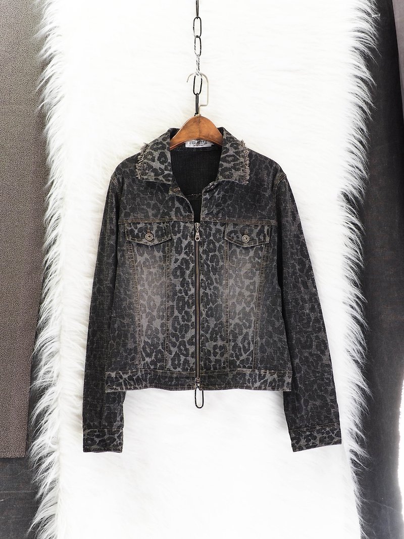 Fukushima Independence Iron Gray Black Elegant Pumping Leopard Antique Cotton Denim Zipper Jacket Vintage - Women's Casual & Functional Jackets - Cotton & Hemp Black