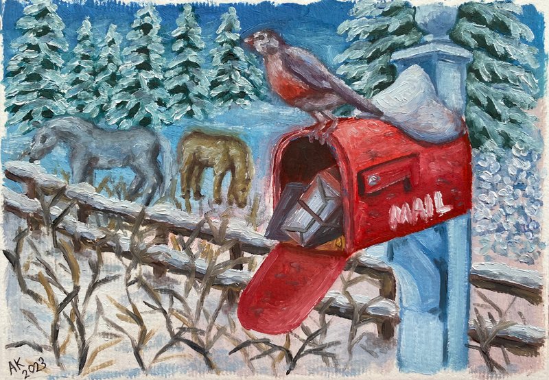 Winter Mail oil painting, winter illustration, Christmas Day at home, holidays - 壁貼/牆壁裝飾 - 其他材質 藍色