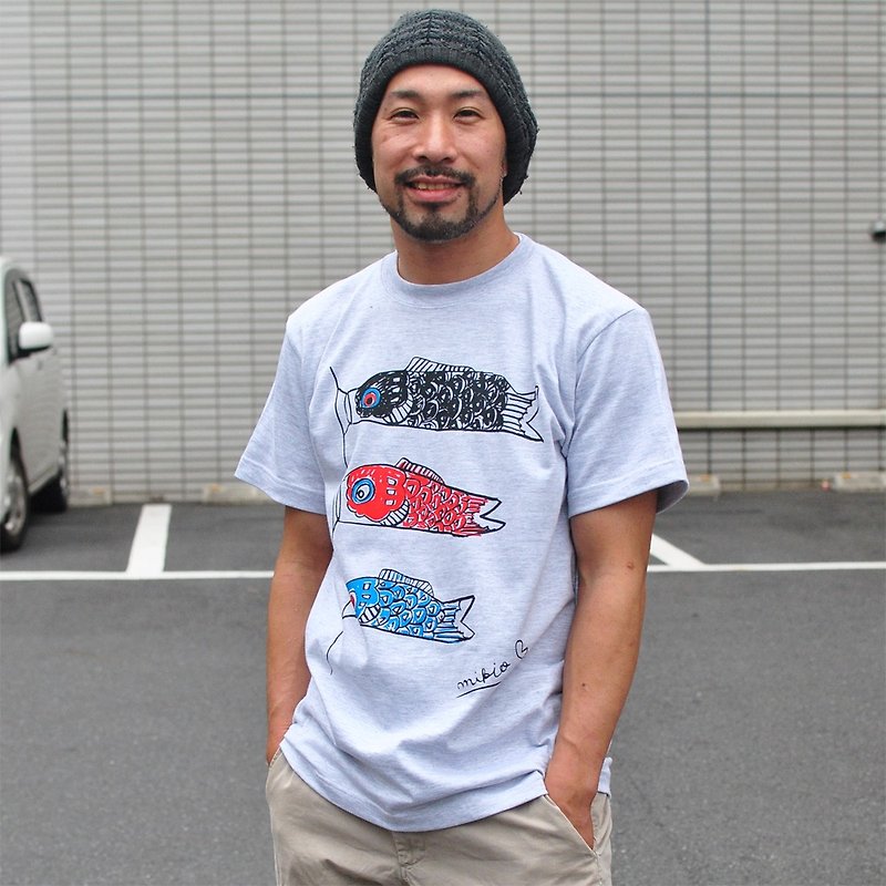 Koinobori Men's T-shirt Ash - เสื้อยืดผู้ชาย - ผ้าฝ้าย/ผ้าลินิน สีเทา