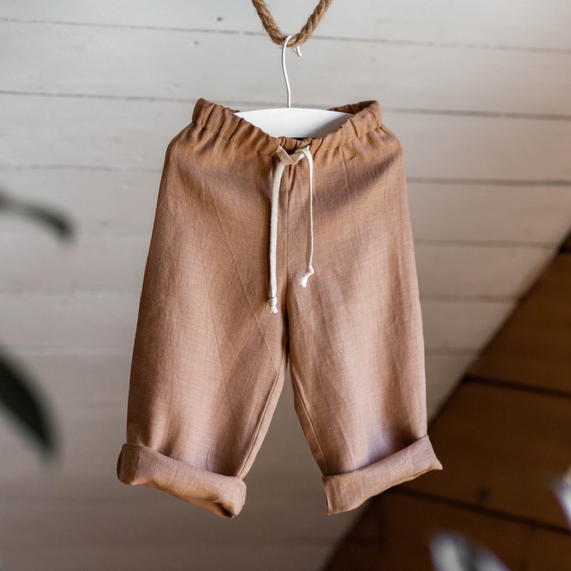 Kids Linen Pants, Toddler Boy Pants, Children Clothes from Organic Linen - 男/女童長褲/短褲 - 亞麻 咖啡色