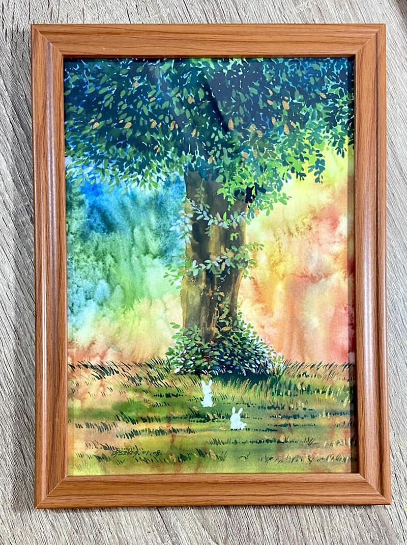 The earth protects all things/watercolor (including wooden frame 20.5x28 cm) - โปสเตอร์ - กระดาษ สีเขียว