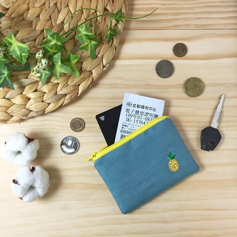 娜吉小物。台灣刺繡零錢包－旺來鳳梨 - 散紙包 - 棉．麻 藍色