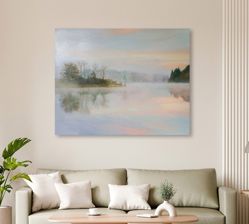 Landscape painting |Neutral river painting | River Forest Painting | River fog 3 - 壁貼/牆壁裝飾 - 棉．麻 藍色