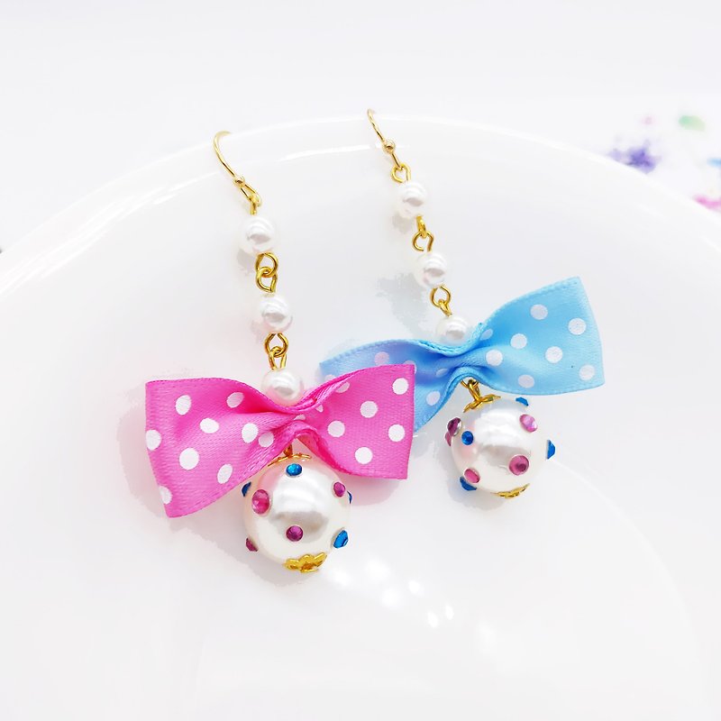 Big thousand design pretty blue pink bow Swarovski earrings / clip gift lover - Earrings & Clip-ons - Cotton & Hemp Blue