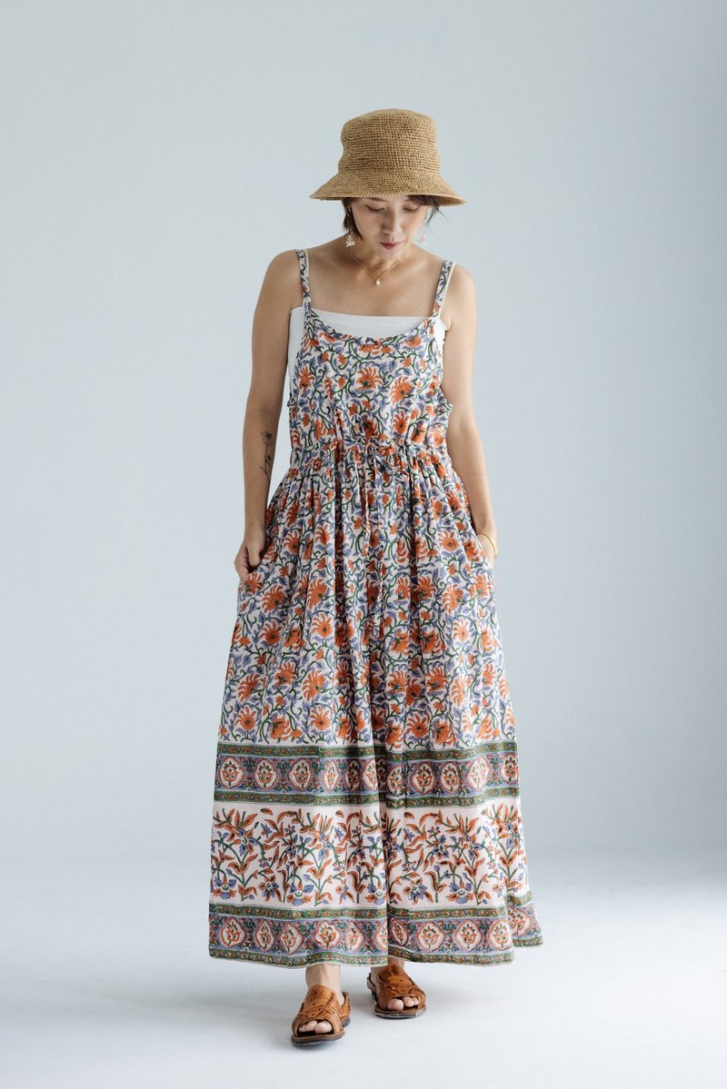 Spaghetti strap waist dress_Classic flower (with lining) - One Piece Dresses - Cotton & Hemp White