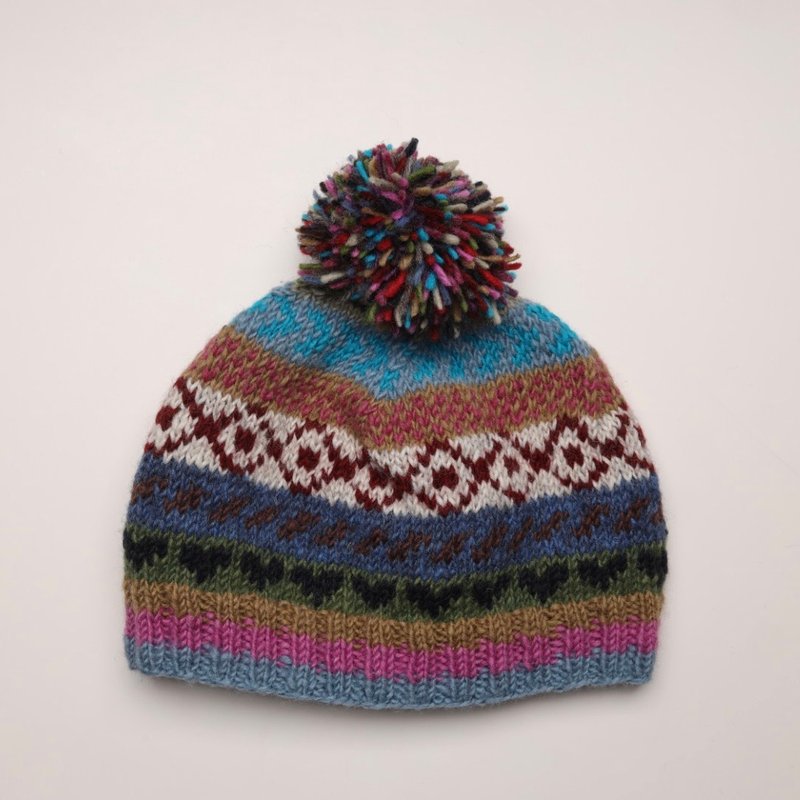 Fur ball totem color pure wool hand-knitted half-lined windproof fur hat | Exchange gifts | Valentine's Day gift - Hats & Caps - Wool Multicolor