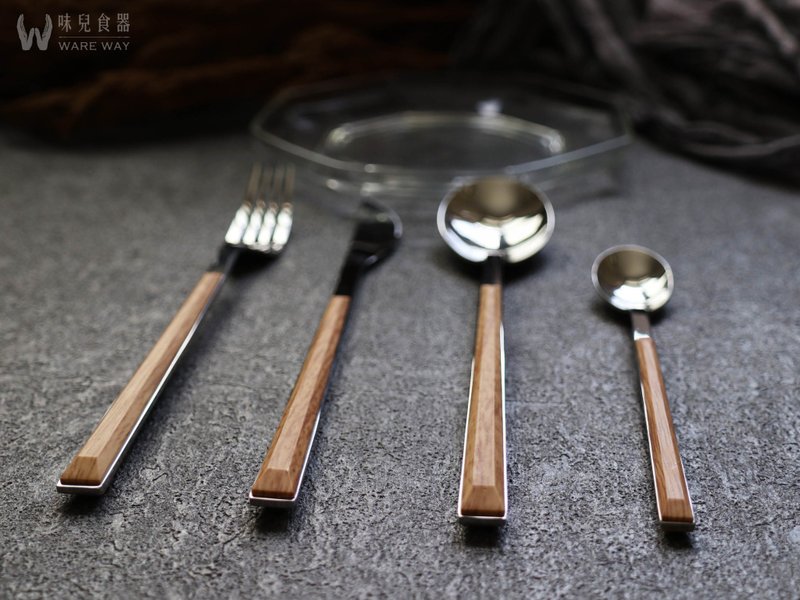 刀、叉、湯匙四件套餐具組 (不鏽鋼/仿木/簡約/典雅) - 刀叉/湯匙/餐具組 - 其他材質 咖啡色