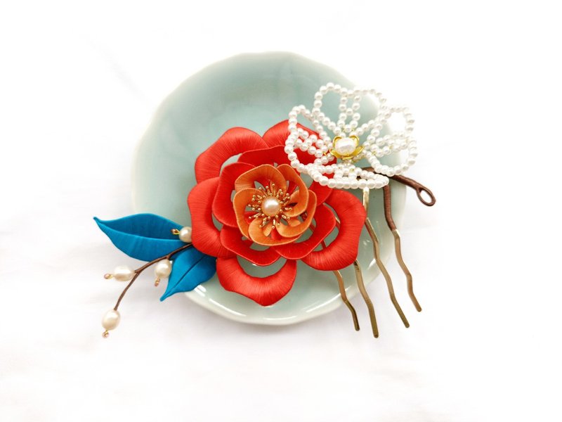 之子于歸 橘紅纏花緝珠傳統古風手工藝髮飾飾品髮簪 - 髮夾/髮圈 - 繡線 紅色