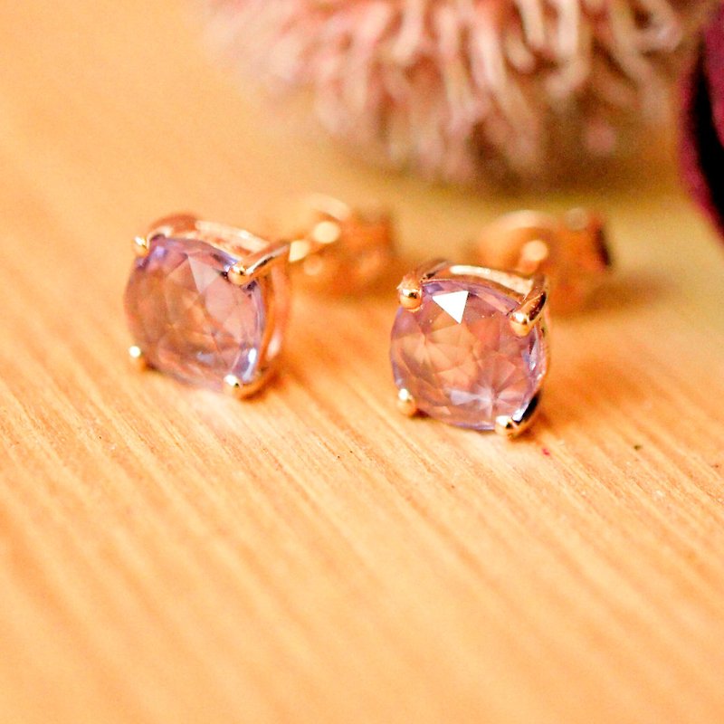 ELEVATION - 6mm Cushion RoseCut Faceted Amethyst 18K Rose Gold Plated Silver Ear - Earrings & Clip-ons - Gemstone Purple