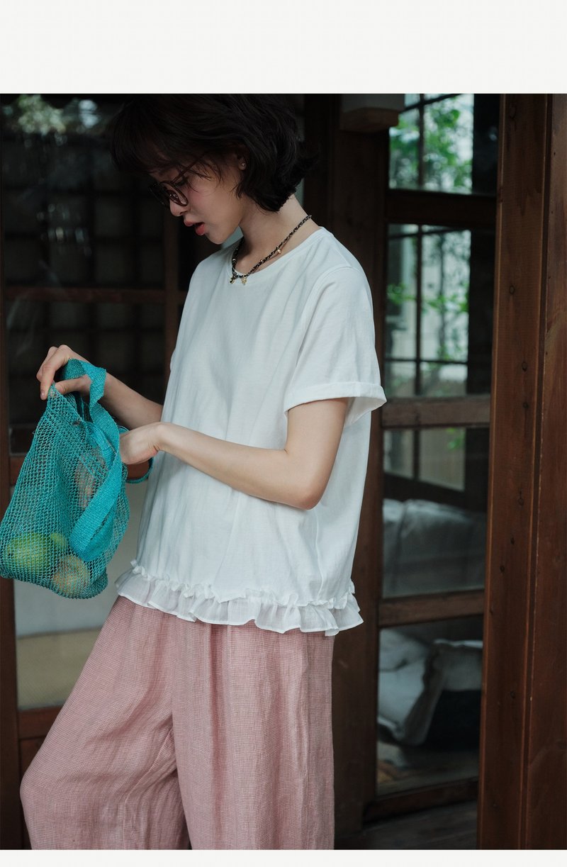 純棉短袖圓領苧麻木耳邊上衣 - 女襯衫 - 棉．麻 多色
