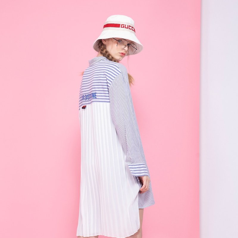 Womens Back Pleated Stripe Shirt Dress / Indigo striped - เสื้อเชิ้ตผู้หญิง - ผ้าฝ้าย/ผ้าลินิน สีน้ำเงิน