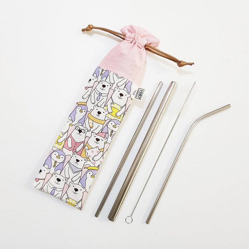 [Polar Bear Family & Powder] Cutlery Bag Straw Bag Environmental Valentine's Day Gift - Reusable Straws - Cotton & Hemp Pink