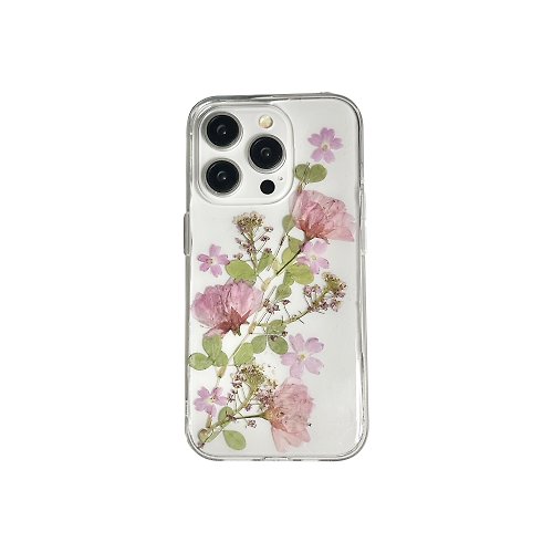 FeimeiPresents 粉紅櫻花 天然綠枝葉 手工押花手機殼 適用於iPhone Samsung Sony