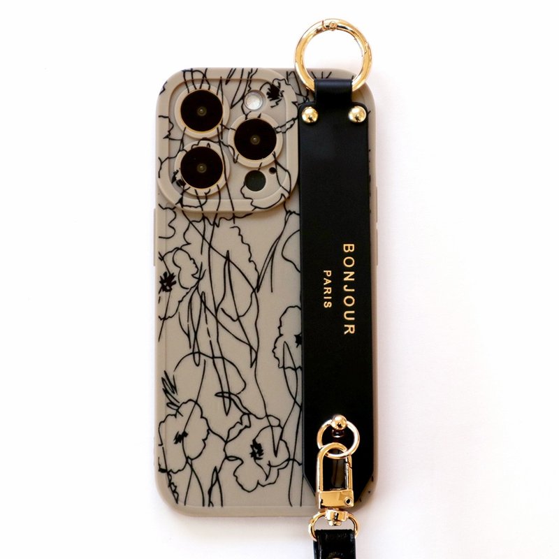 iPhone15/14/13/12 Marais Coffee Flower Wristband Phone Case (With Black Wrist Strap) - เคส/ซองมือถือ - พลาสติก สีนำ้ตาล