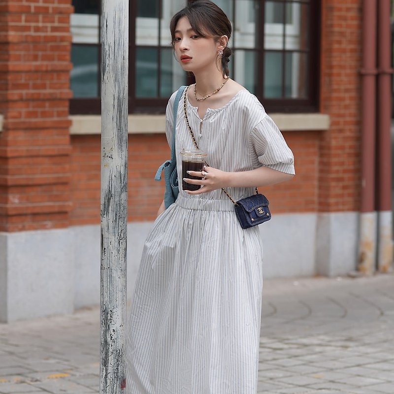 Puff Sleeve Waist Dress|Fashion|Two-color|Summer|Sora-1223 - One Piece Dresses - Cotton & Hemp Multicolor