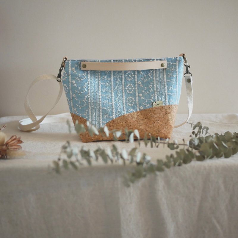 //cork. Blue embroidery. Lightweight crossbody. handbag// - Messenger Bags & Sling Bags - Cotton & Hemp Blue