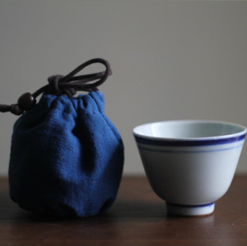 藍色 老土布茶道隨行收納袋 束口茶杯袋茶壺包茶具配件飲料提袋 - 飲料提袋/杯套/杯袋 - 棉．麻 藍色