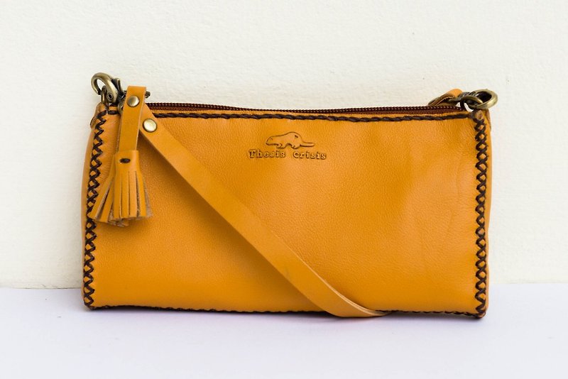 'MOBILE BAG' HANDMADE SMALL LEATHER BAG- YELLOW - กระเป๋าเครื่องสำอาง - หนังแท้ สีเหลือง