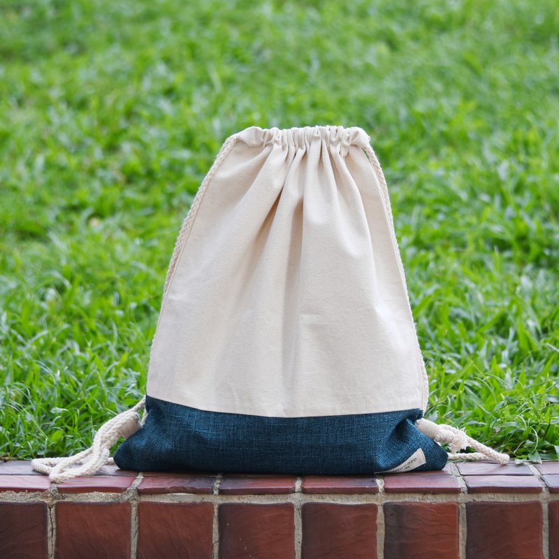 Drawstring backpack/drawstring bag/drawstring pocket~ Linen and linen-blue (B176) - Drawstring Bags - Cotton & Hemp Blue