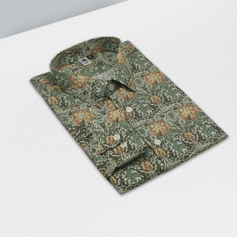 Wisteria flower orange and green shirt-the sun-baked flower blooms in the warm spring - Men's Shirts - Cotton & Hemp Green