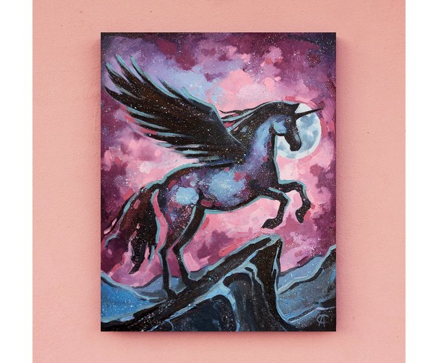 a*a様 絵画原画『天使のユニコーン・スノーキャリッジ』 馬の絵 ユニコーン 原画 ペガサス アートワーク ファンタジー ウォール