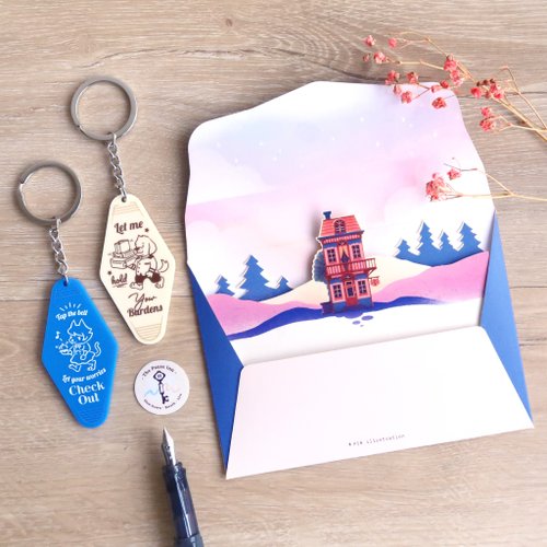 PIN 手感卡片製造所 【Pin】The Pause Inn 風景信紙組 (四入組) + 旅店鑰匙圈
