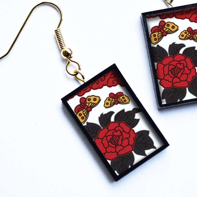 花札ピアス / イヤリング-蝶と牡丹(Japanese Playing Card Pierce/Earring "Butterfly and peony") - 耳環/耳夾/耳骨夾 - 壓克力 黑色