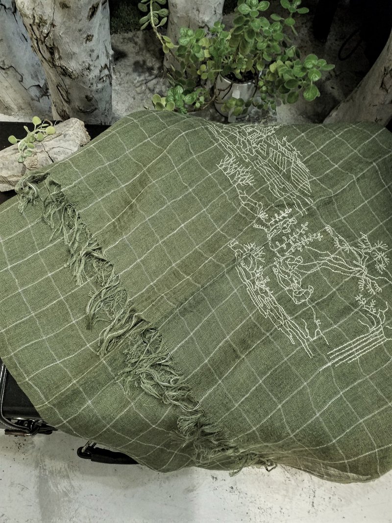 大地色糸百搭刺繡文青風格子全痳圍巾-郊遊樂 - 圍巾/披肩 - 棉．麻 綠色