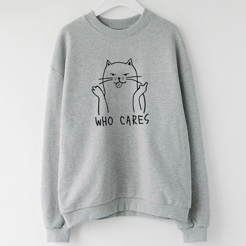 Who Cares Cat #2 中性大學T 刷毛 灰色 狗貓毛小孩聖誕交換禮物 - 女上衣/長袖上衣 - 棉．麻 灰色