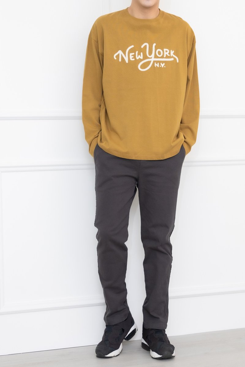 紐約電繡字長袖上衣 土黃色 - 帽T/大學T - 其他材質 黃色
