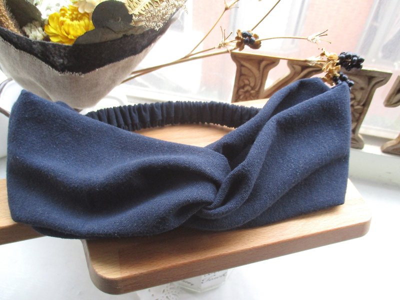 交叉髮帶(鬆緊手工)-深藍野木棉 - 髮飾 - 棉．麻 藍色