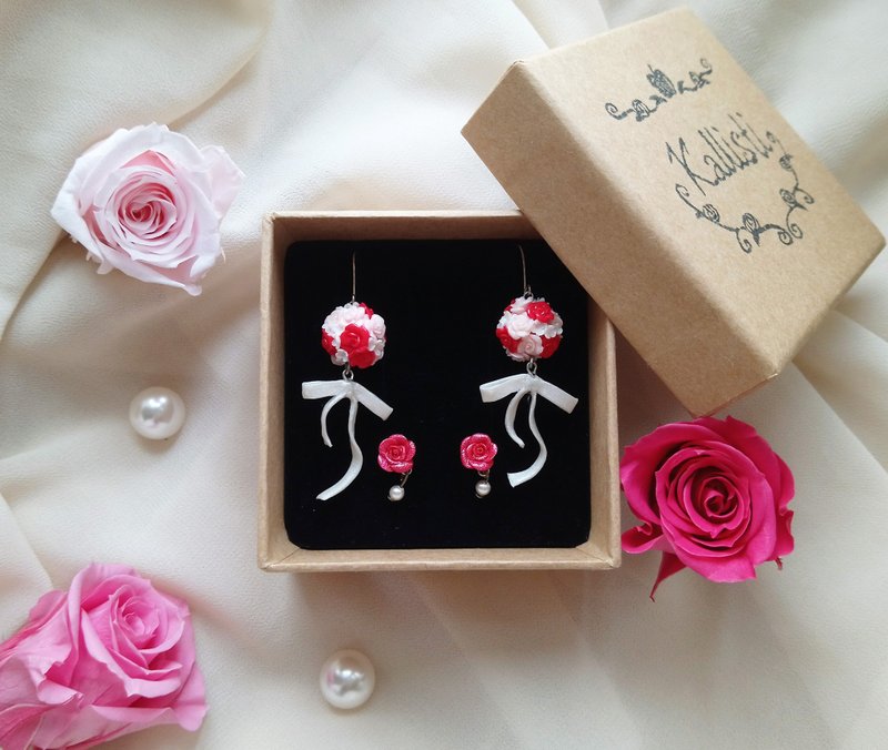 [Gift box special offer] The most beautiful wedding sterling silver earrings/ Clip-On two-piece set - ต่างหู - ดินเหนียว สีแดง