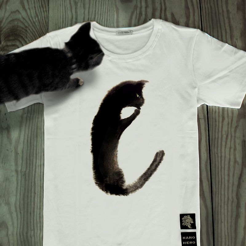 [26 black cat letters] Neutral T / sizeL - เสื้อยืดผู้ชาย - ผ้าฝ้าย/ผ้าลินิน ขาว