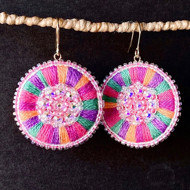 Embroidered fireworks earrings with peony and hypoallergenic metal fittings - ต่างหู - งานปัก หลากหลายสี