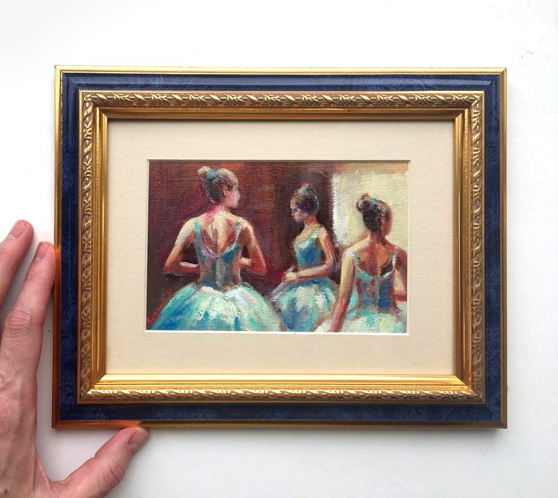 Framed Ballet Ballerina Painting Oil Original Blue dancer Impressionist - Posters - Other Materials Khaki