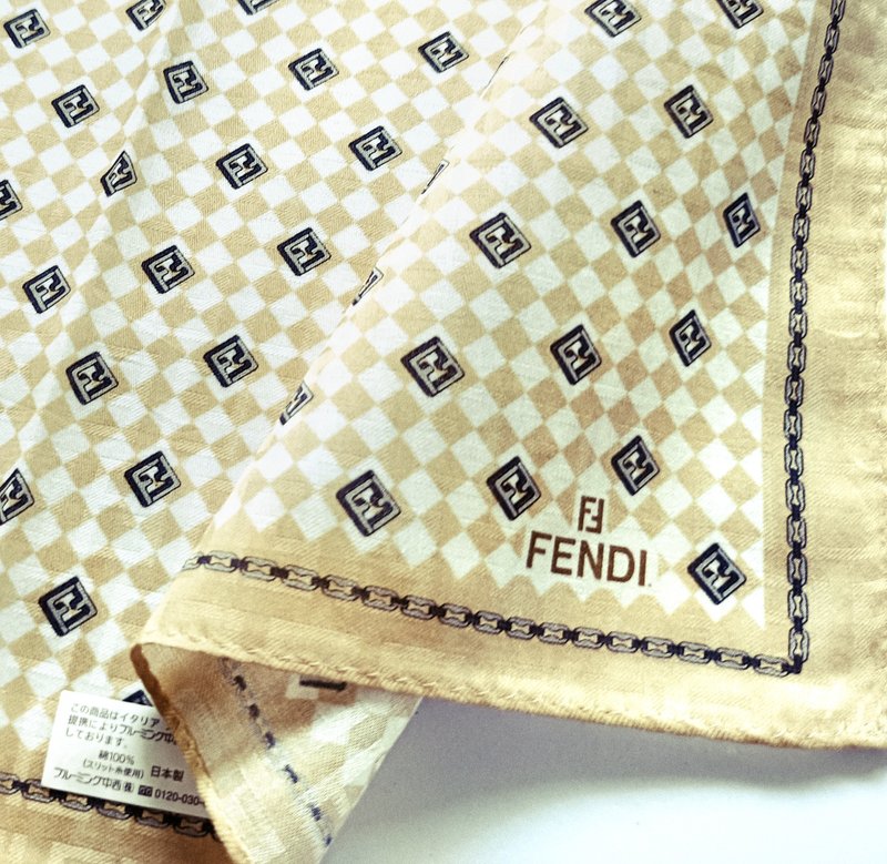 Vintage FENDI Woven Handkerchief – FF Logo Checkered Pattern 20 x 19.5 inches - 手帕 - 棉．麻 卡其色