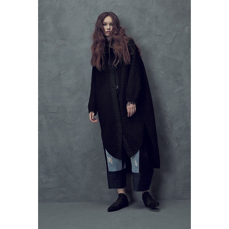 1802D0215 lapel texture long coat - เสื้อแจ็คเก็ต - ผ้าฝ้าย/ผ้าลินิน สีดำ