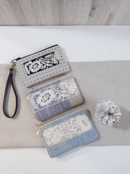 KKiMS 【FWL/雙層小錢包】日本刺繡蕾絲花帶 先染緹花絨球條紋 日本棉麻
